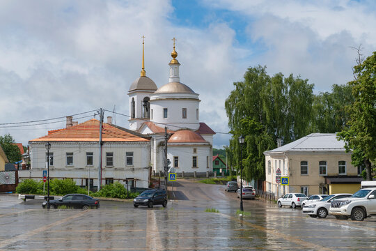 Church of the Transfiguration of the Lord (1804) in the urban landscape on a May day. Borovsk, Kaluga region