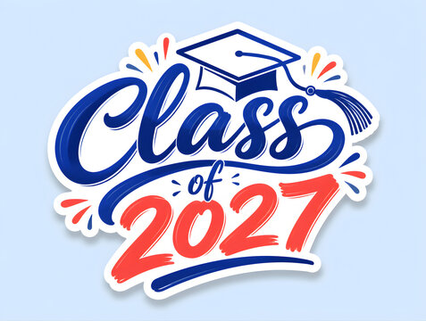 Class of 2027 graduation typography design with a mortarboard hat illustration on blue background