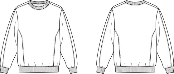 Technical drawing of a long sleeve crew neck sweatshirt with ribbed cuffs and hem for fashion design © Abdullah