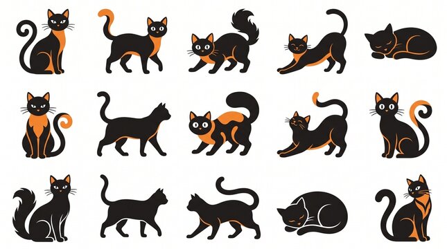 Collection of cute black cat illustrations in various poses for halloween design and decorative sticker projects