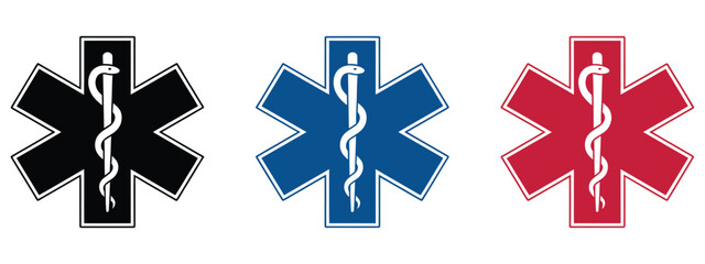 star of life icons with multicolor medical emergency symbols, rod of asclepius, first aid and healthcare vector illustration. © 000. Mizu