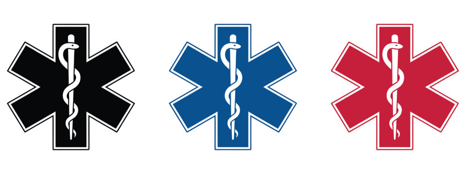 star of life icons with multicolor medical emergency symbols, rod of asclepius, first aid and healthcare vector illustration.