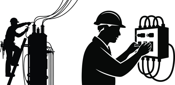 Electrical utility workers silhouette vector illustration, power line maintenance technician and control panel electrician, isolated black industrial safety design