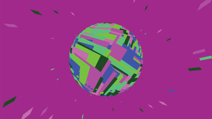 Cosmic circular sphere element composed of various colorful geometric shards floating in space on solid deep purple background for digital science. © Mst