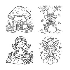Naklejka premium Cute fairy coloring page set. Magical forest sprites and woodland creatures line art.