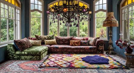 Obraz premium Eclectic living room with colorful chandelier and patterned sofa