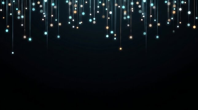 Abstract background with glowing hanging light bulbs on strings against a dark backdrop
