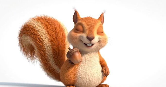 Cute cartoon squirrel holding an acorn 3D render illustration animal character