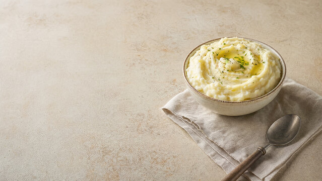 Creamy mashed potatoes served in a bowl on a cloth napkin