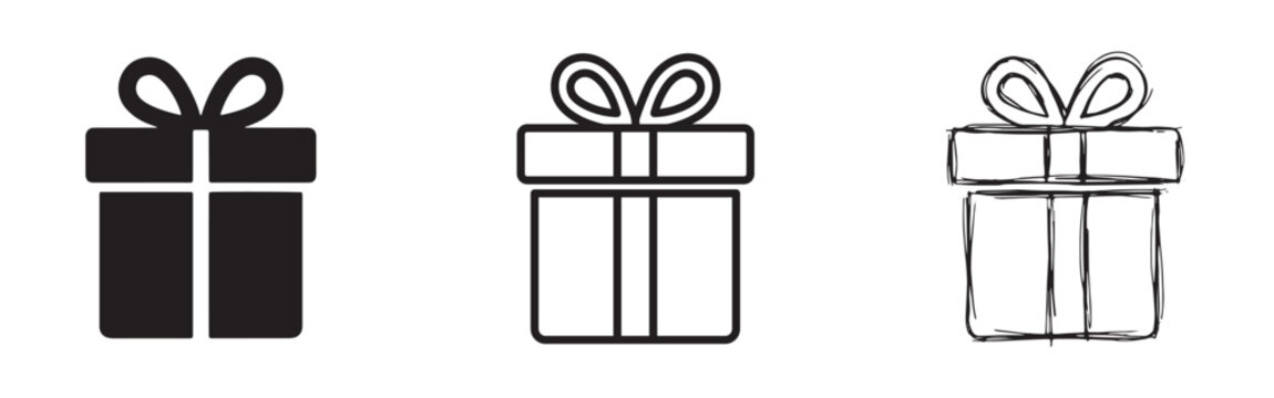 Present Icons Set Gift Boxes in Flat, Linear and Hand Drawn Doodle Styles for Festive Decorations, Birthday, Festive, Holiday, Special, Valentine, Box Celebrations Vector Editable Stroke Illustration