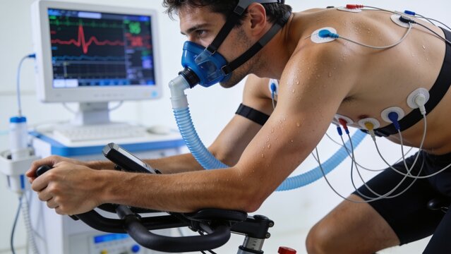 Professional endurance athlete performing VO2 max test with respiratory mask and heart monitoring equipment inside modern medical laboratory.