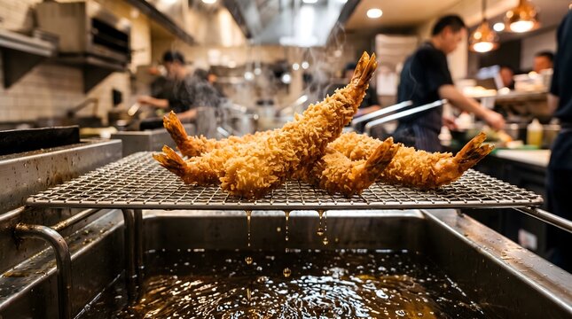 Japanese ebi furai shrimp, Crispy fried prawns in kitchen, Panko breaded seafood on rack