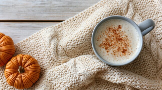 Autumn cozy pumpkin spice latte drink in a blue mug with fall cinnamon on blanket