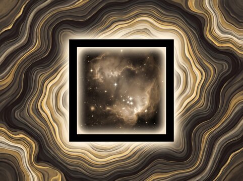 Abstract artistic background with a glowing square frame containing a nebula and star field