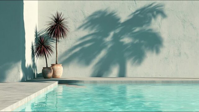 A serene swimming pool with turquoise water ripples, flanked by potted plants casting long palm shadows on a white wall.