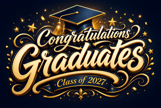 Congratulations graduates class of 2027 elegant gold typography with mortarboard and confetti.