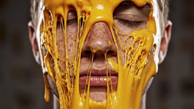 Person's face covered in melting yellow cheese-like substance