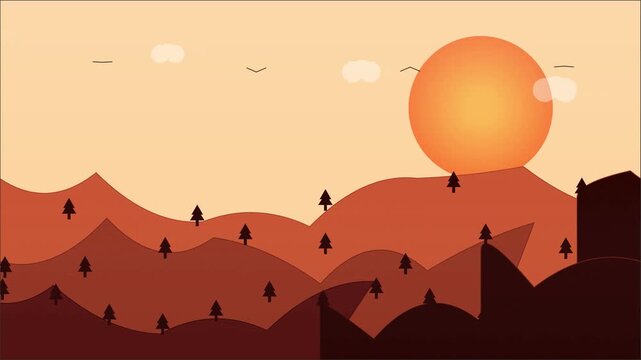 Flat design vector mountain landscape with sunset animation