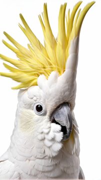 Close-up video of a white sulphur-crested cockatoo dramatically raising and fanning out its vibrant yellow crest against a seamless pure white background