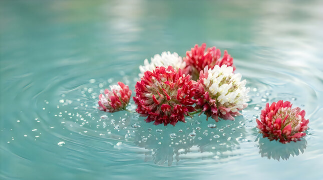 Red and white clover flowers floating in light blue water with water drops.