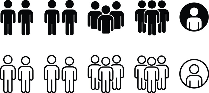 Set of black and white people icons representing individuals, pairs, and groups, ideal for user profiles, team representations, and demographic data visualization