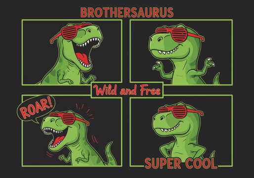 Cartoon T-Rex dinosaurs with sunglasses in four panels, showing different expressions, suitable for kids' apparel, party invitations and playful designs.