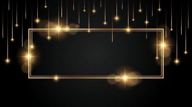 Golden rectangular frame with glowing sparkles and hanging light strings on black background