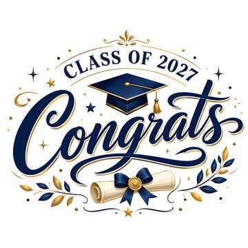 Class of 2027 congrats graduation design with mortarboard, diploma, and blue gold accents.