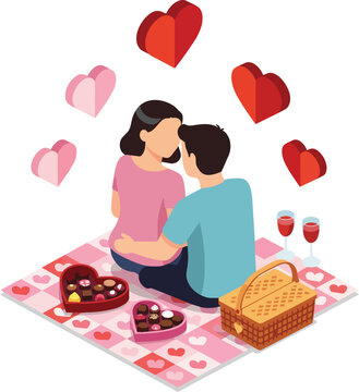 Couple sharing romantic picnic with heart chocolates and wine, isolated on transparent alpha, perfect for Valentine's Day, love stories and relationship marketing.