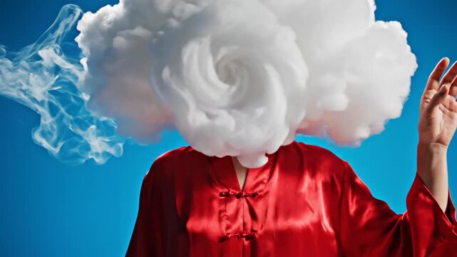 Person with a white cloud head wearing red robe against blue background