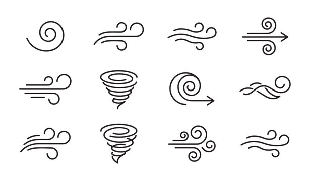 Wind icons set airflow, gust, breeze, and weather blow symbols bundle isolated on white background.