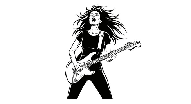 Black and White Illustration of a Female Rock Guitarist Playing