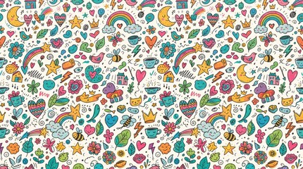 Fototapeta premium Cute colorful doodle seamless pattern with hand drawn rainbow star moon flower heart elements for child nursery wrapping paper