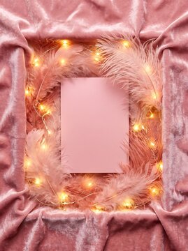 Pink blank paper card with feathers and fairy lights on velvet fabric background