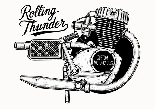 Vintage mechanical motorcycle engine with detailed metallic parts and calligraphic typography, concept for custom bike garage branding, automotive t-shirt design and retro club emblem creation