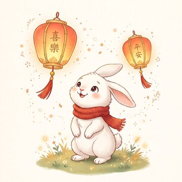 Cute white bunny rabbit wearing a red scarf with glowing chinese lanterns isolated on white background, Mid Autumn 