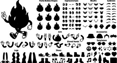 Obraz premium Retro Groovy Fire Character Creation Kit – Vintage Flame Mascot Parts Vector