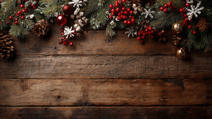 Obraz premium Festive Christmas background on dark wood featuring pine branches, cones, candy canes, red berries, angel wings, and gifts at top with copy space. 