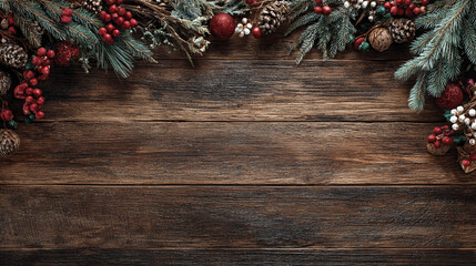 Obraz premium Festive Christmas background on dark wood featuring pine branches, cones, candy canes, red berries, angel wings, and gifts at top with copy space. 