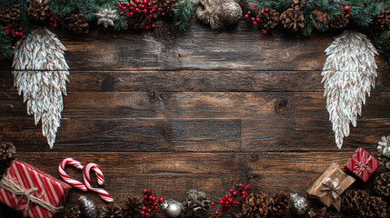 Fototapeta premium Festive Christmas background on dark wood featuring pine branches, cones, candy canes, red berries, angel wings, and gifts at top with copy space. 