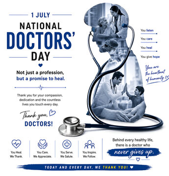 National doctors day creative graphic with stethoscope and medical consultation imagery, white coat