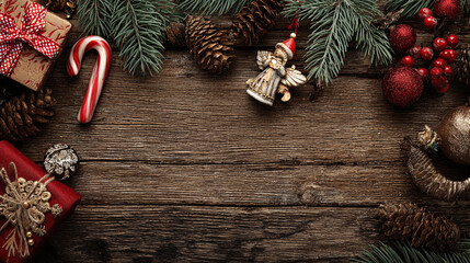 Fototapeta premium Festive Christmas background on dark wood featuring pine branches, cones, candy canes, red berries, angel wings, and gifts at top with copy space. 