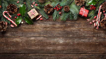 Obraz premium Festive Christmas background on dark wood featuring pine branches, cones, candy canes, red berries, angel wings, and gifts at top with copy space. 