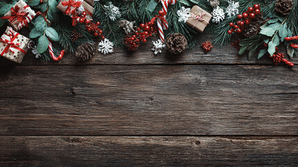 Obraz premium Festive Christmas background on dark wood featuring pine branches, cones, candy canes, red berries, angel wings, and gifts at top with copy space. 