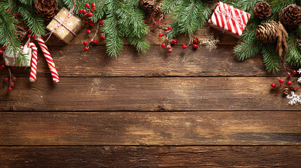Fototapeta premium Festive Christmas background on dark wood featuring pine branches, cones, candy canes, red berries, angel wings, and gifts at top with copy space. 