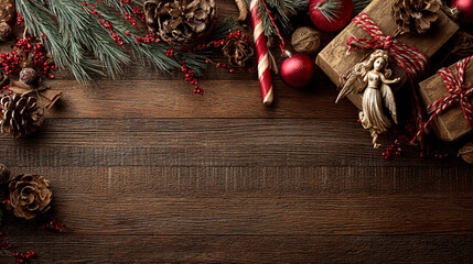 Fototapeta premium Festive Christmas background on dark wood featuring pine branches, cones, candy canes, red berries, angel wings, and gifts at top with copy space. 