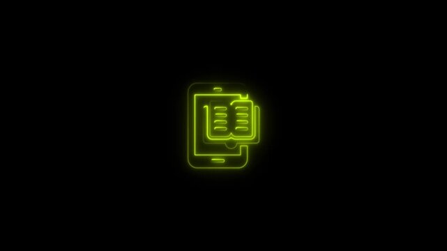 Glowing Neon E-Book Icon on Smartphone Screen Yellow  Line Art Motion Graphics Animation on Black Background 4k stock  video.