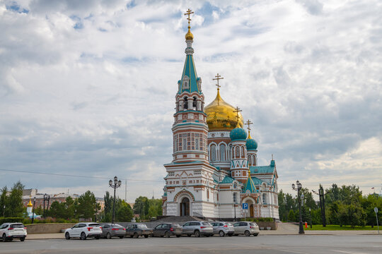View of the Cathedral of the Assumption of the Blessed Virgin Mary on a cloudy August morning. Omsk