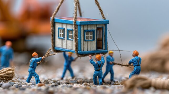 Miniature workers use ropes to lift a small building at a construction site. They work together to move the delicate module.