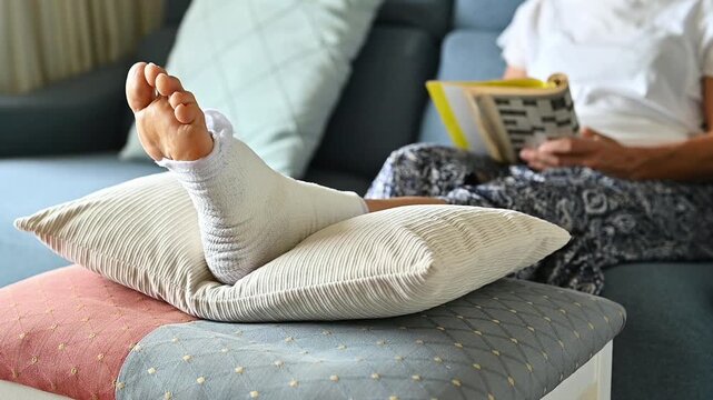 Woman spending time at home during foot injury recovery, relaxing with crossword puzzle while adapting to temporary mobility limitations and enjoying quiet indoor activities